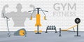 Gym interior with fitness equipment. Weight machine, elliptical, barbell and dumbbells. Fitness center or sport club gym design.